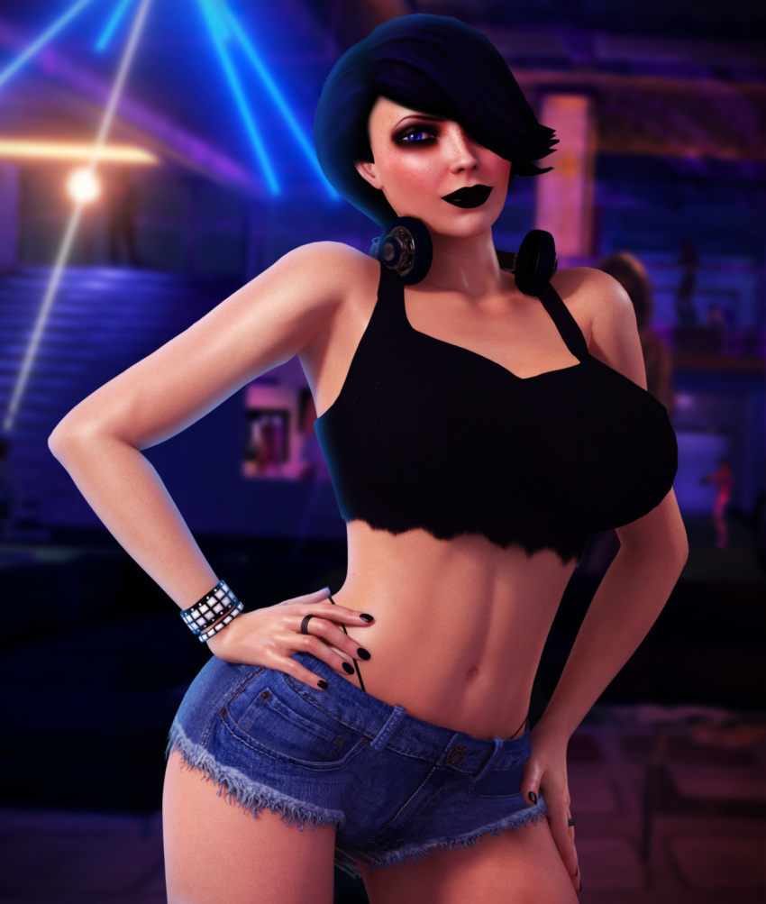 1girls 3d abs black_bra black_lipstick blue_hair blush bra bracelet female female_only hand_on_hip headset lipstick looking_at_viewer matt_miller miniskirt rasmus-the-owl rule_63 saints_row saints_row_the_third shiny_skin short_hair solo solo_female stomach thong