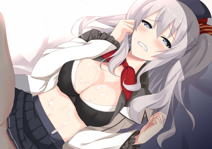 beret blue_eyes blush bra breasts cleavage cocona_(coconacafe) cum cum_on_body cum_on_breasts cum_on_stomach cum_on_upper_body female frilled_sleeves frills hat heart heart-shaped_pupils jacket kantai_collection kashima_(kantai_collection) large_breasts looking_at_viewer lying neckerchief on_back open_clothes open_jacket out-of-frame_censoring pantyhose pleated_skirt silver_hair skirt solo symbol-shaped_pupils underwear wavy_hair wavy_mouth