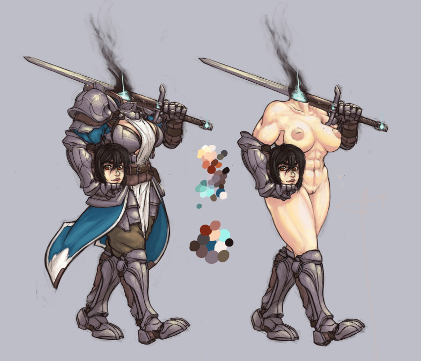 abs black_hair breasts brown_eyes ceres clothing dullahan gauntlets greaves inverted_nipples knight large_breasts nude smoke sword weapon