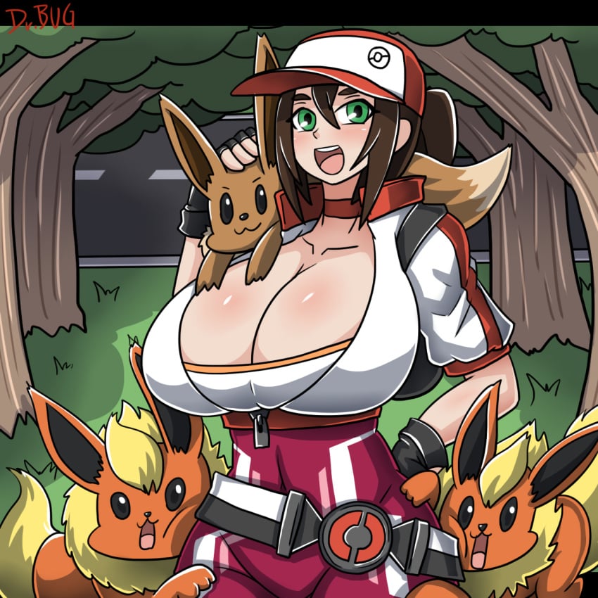 brown_hair cap cleavage dr.bug eevee eeveelution female female_protagonist_(pokemon_go) flareon on_shoulder outdoors pokemon pokemon_(species) pokemon_go ponytail tagme tree