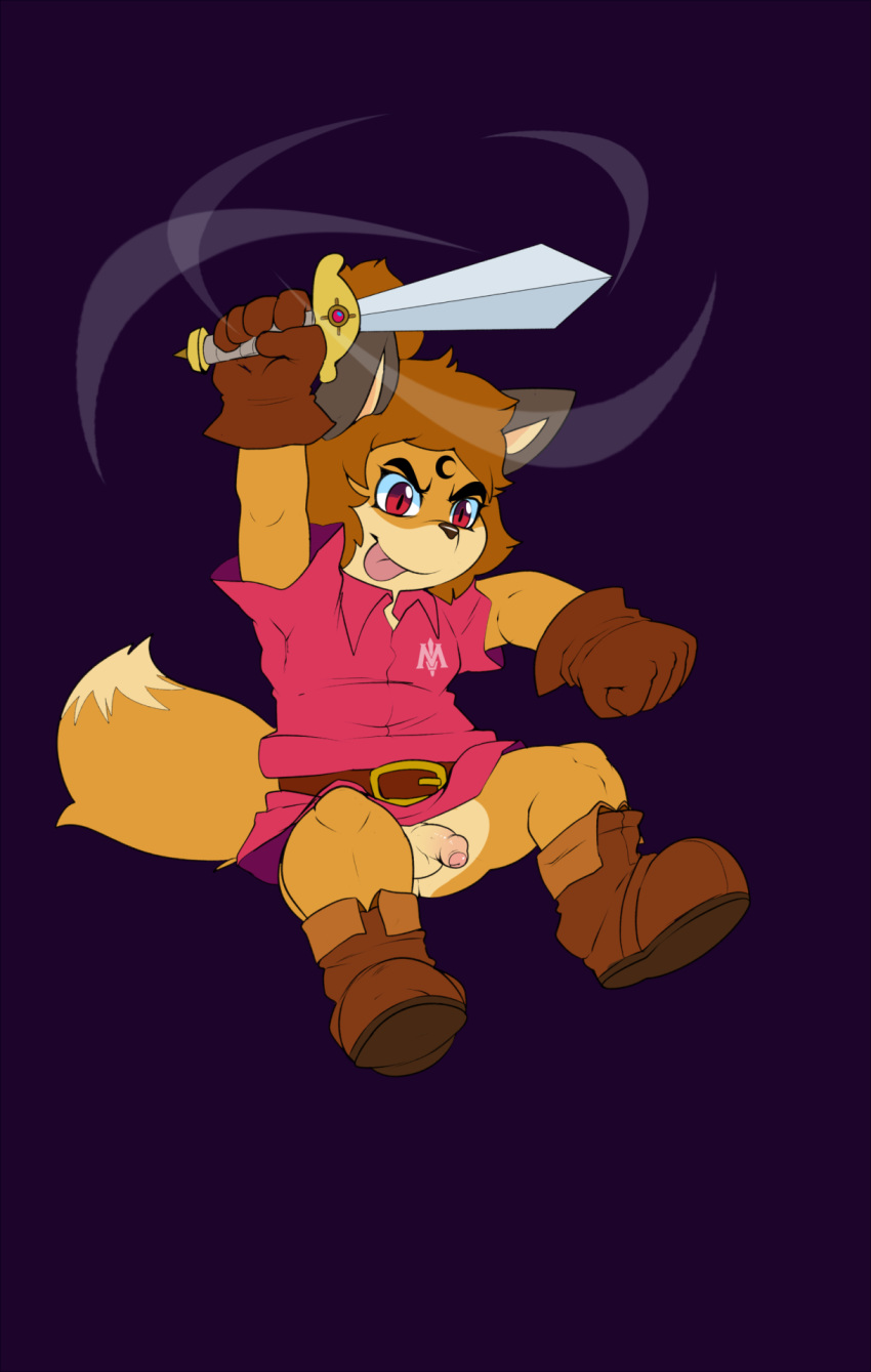 anthro balls belt boots bottomless canine clothed clothing eroborus flaccid flat_colors footwear fox front_view gloves humanoid_penis jumping kitsune_(ero) male_only mammal melee_weapon partially_retracted_foreskin penis sword tongue tongue_out uncut weapon