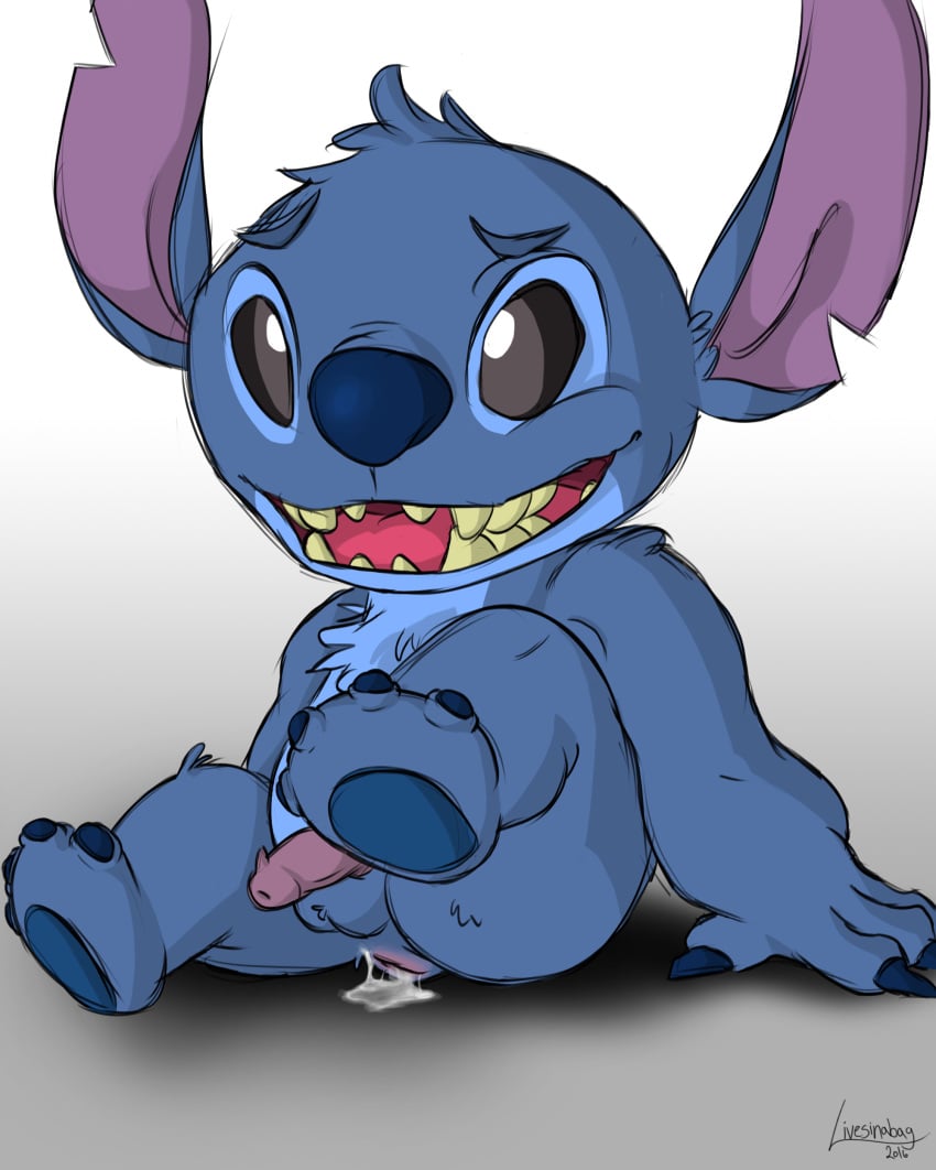 2016 4_toes after_sex alien anal anal_sex anus ass backsack balls blue_fur chest_tuft cum cum_from_ass cum_in_ass cum_inside cum_leaking disney embarrassed experiment_(species) fur humanoid_penis lilo_and_stitch livesinabag male male_only open_mouth penetration penis presenting raised_leg stitch toes tuft