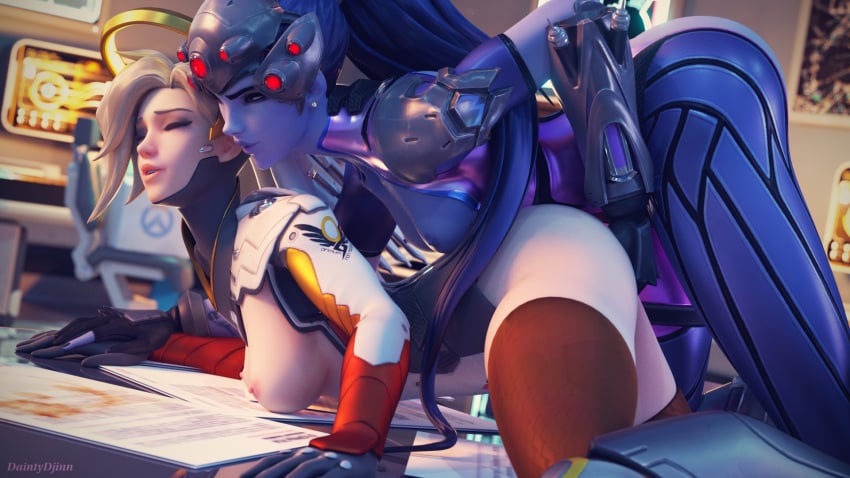 2girls 3d all_fours blender blonde_hair daintydjinn female female_only fingering from_behind mercy overwatch widowmaker yuri