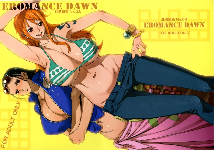 2girls armpits bikini bikini_bra black_eyes blush bobobo bracelet breasts brown_eyes busty cleavage earrings erect_nipples female female_only glasses green_hair huge_breasts jeans large_breasts long_hair looking_at_viewer multiple_girls nami nami_(one_piece) nico_robin one_piece open_clothes open_mouth orange_hair pants post-timeskip sarong shiny_skin smile stomach striped_bikini sunglasses tattoo voluptuous yellow_background