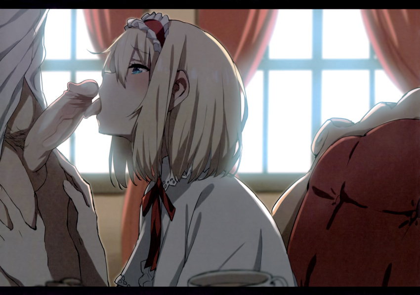 1boy alice_margatroid blonde_hair blue_eyes blush chair curtains dark decensored disembodied_penis fellatio female hairband highres licking lolita_hairband penis saitou_masatsugu shawl short_hair sitting straight tongue touhou window