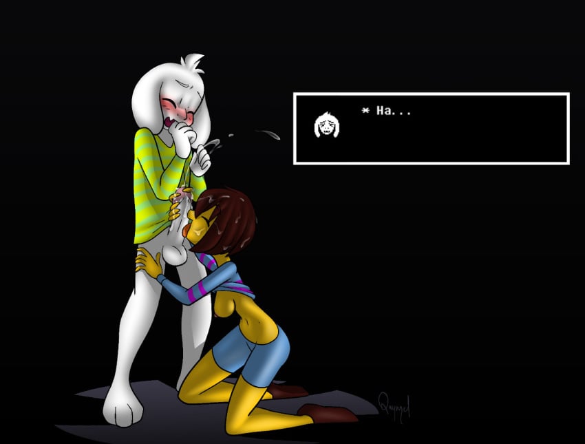 1boy 1girls 2016 anthro asriel_dreemurr balls big_breasts blush bottomless breasts closed_eyes cum cum_on_face cum_on_hair cumming dialogue erection facial fellatio female female_human frisk fur goat human interspecies male male_anthro mammal navel nipples nsfwquynzel nude nudity oral penis sex sideboob straight undertale white_fur