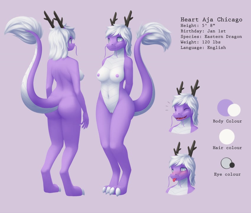 2016 anthro ass blush breasts dragon eastern_dragon female hair happy heart_a._chicago hi_res horn model_sheet nipples nude open_mouth purple_skin pussy simple_background smile solo streetdragon95 text tongue tongue_out whiskers white_eyes white_hair white_skin