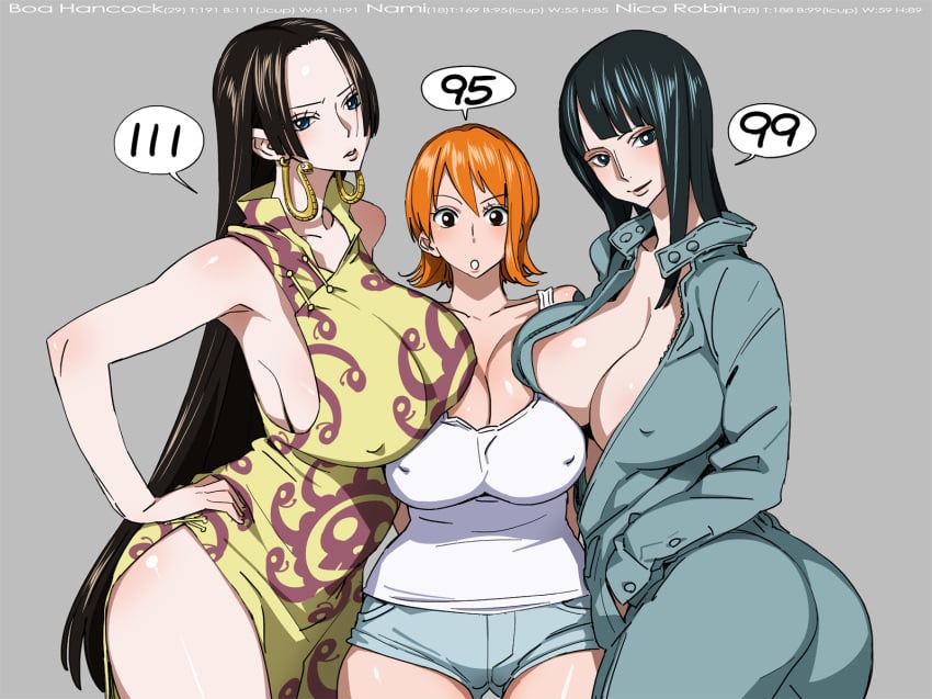 3girls 5_fingers :o alternate_breast_size armpits arms_behind_back ass bare_shoulders big_ass big_breasts black_eyes black_hair blue_eyes blush boa_hancock bobobo breasts breasts_bigger_than_head brown_hair clothes comparing earrings erect_nipples eyebrows eyelashes female female_only gigantic_breasts grey_background hand_on_hip hand_on_hips hands hips huge_breasts jumpsuit large_breasts lips lipstick long_hair looking_at_viewer miniskirt nami nami_(one_piece) nico_robin one_piece open_clothes orange_hair pale-skinned_female pale_skin pants pink_lipstick pirate pre-timeskip shiny shiny_skin short_hair simple_background smile very_long_hair