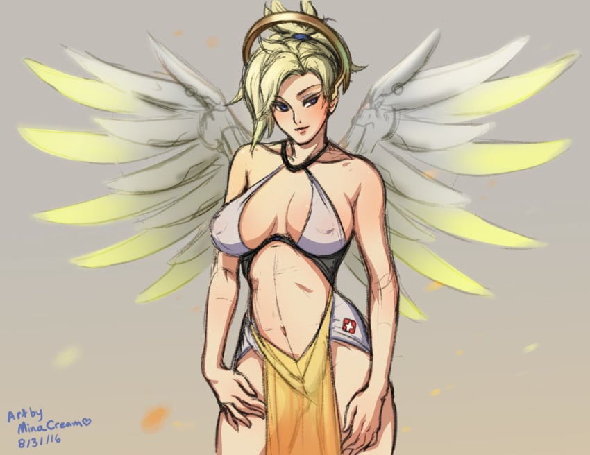 1girls bikini blonde_hair blue_eyes breasts cleavage curvy female female_only halo large_breasts loincloth mercy minacream nipple_bulge overwatch panties sketch solo swiss_flag wings