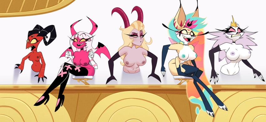 barbie_wire bird_demon blonde_hair crown deadinside97 demon demon_girl demon_horns hazbin_hotel helluva_boss lilith_morningstar_(hazbin_hotel) nude_female pink_skin queen_bee-lzebub_(helluva_boss) red_skin stella_(helluva_boss) succubi succubus tagme verosika_mayday_(helluva_boss) white_hair wolf_demon