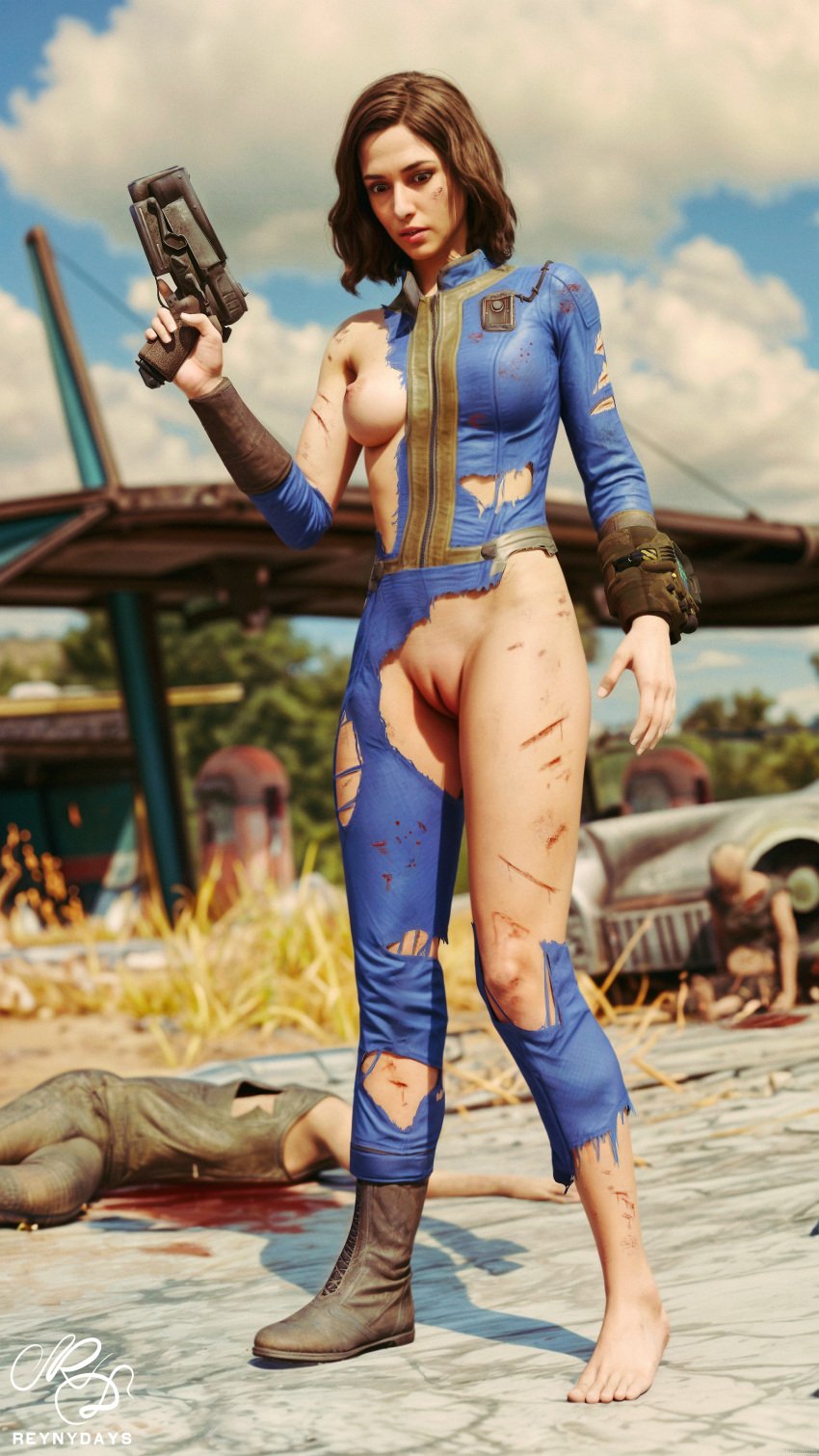 10mm_pistol 1girls 3d absurd_res after_battle blender blood bruise clothing destroyed_clothing exposed_breasts exposed_pussy fallout fallout_4 feet female firearm ghoul_(fallout) gun handgun hi_res human injury nipples nora_(fallout_4) outdoors pale_skin pip-boy public reynydays ripped_clothing shaved_pussy solo_female solo_focus toes vault_suit weapon