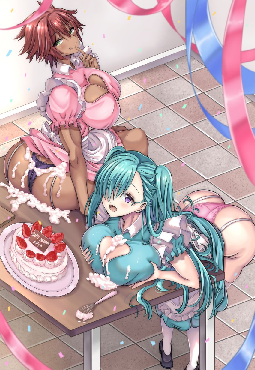 2girls akeno_(itsnafulol) ass ayannon_yumme birthday birthday_cake blue_dress blue_hair breast_press breasts bubble_ass bubble_butt cake cleavage cleavage_cutout clothing_cutout confetti dark-skinned_female dark_skin dress food garter_straps grabbing_own_breast green_eyes hair_over_one_eye huge_ass huge_breasts leaning_forward licking_lips long_hair looking_at_viewer lyra_(itsnafulol) multiple_girls panties pink_dress purple_eyes red_hair short_hair siblings sisters sitting_on_table table thighhighs thong tomboy tongue tongue_out twintails underwear wide_hips