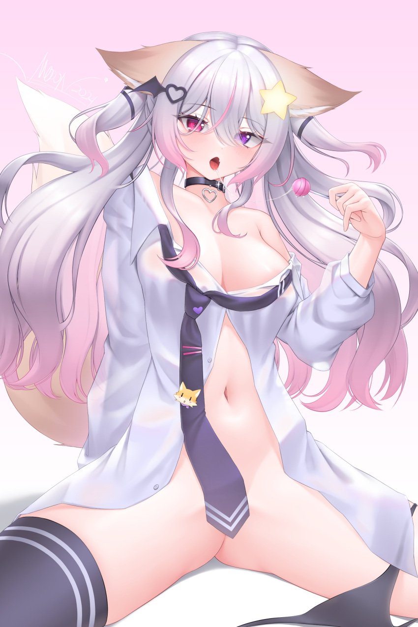 1girls animal_ears annytf belly_button big_breasts black_necktie breasts eyebrows_visible_through_hair female female_only fox_ears fox_girl fox_tail grey_skin hair_ornament heterochromia indie_virtual_youtuber light-skinned_female light_skin mooon_(278mooon) necktie pink_eye purple_eye solo star_hair_ornament tail virtual_youtuber