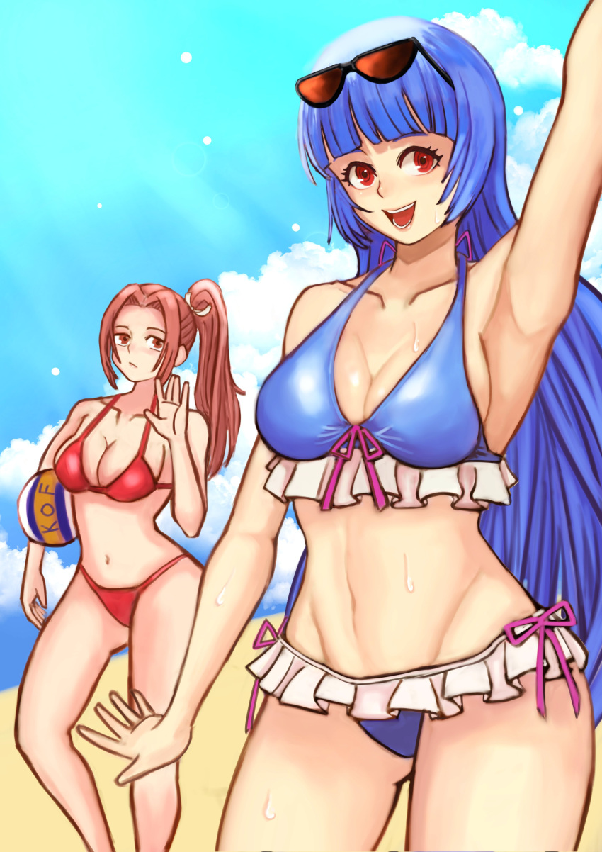 2girls abs beach beach_ball big_breasts bikini blue_bikini blue_hair brown_eyes brown_hair clouds female frozen glasses hair_ornament happy king_of_fighters kula_diamond light_blue_hair long_hair mai_shiranui red_bikini red_eyes sand sea seaside sunglasses_on_head sweat voluptuous