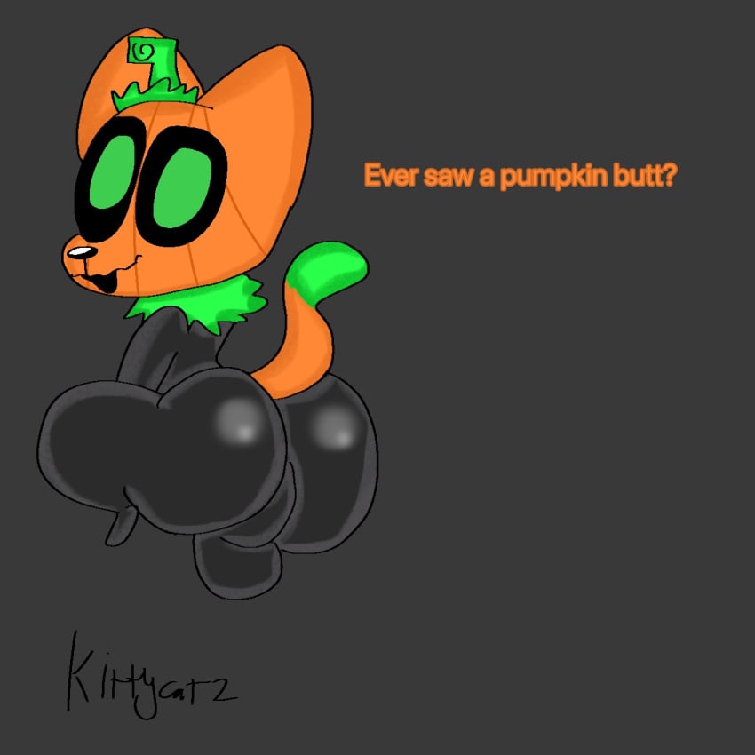 anthro ass balls big_balls big_butt big_penis black_body black_fur domestic_cat felid feline felis food fruit fur genitals green_eyes hi_res huge_balls huge_butt huge_cock kittycatz looking_at_viewer male male/male mammal orange_body orange_fur penis plant pumkat pumpkin remake simple_background solo text watermark