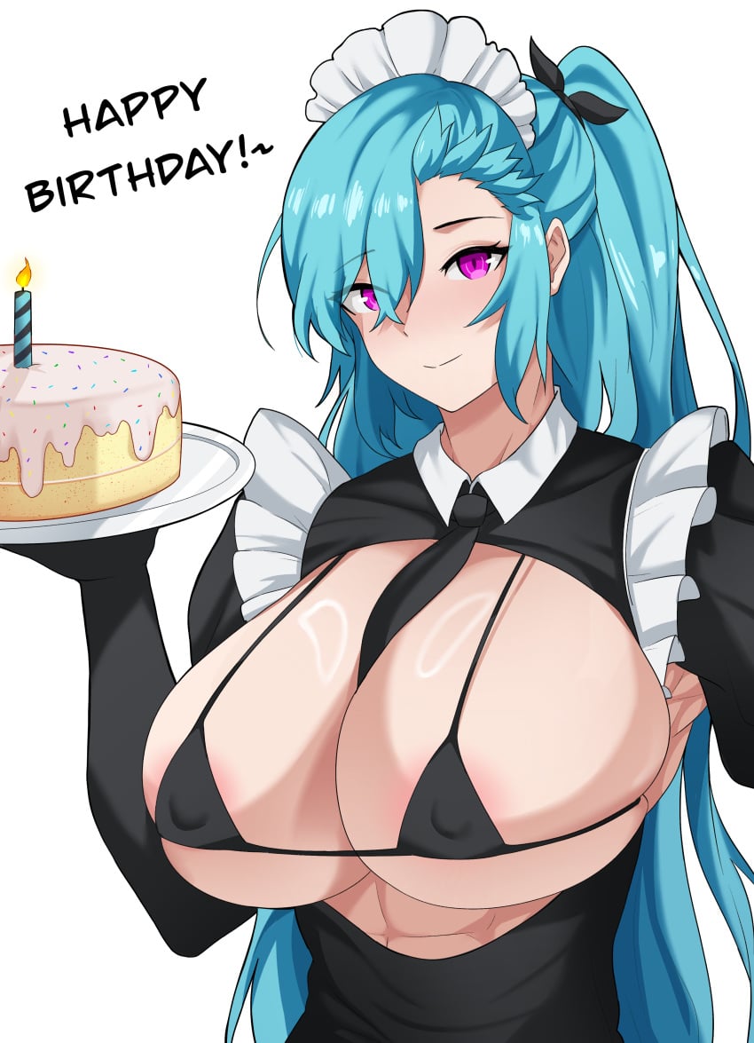 1girls abirdeer abs akeno_(itsnafulol) between_breasts bikini bikini_top birthday birthday_cake blue_hair blush breasts cake elbow_gloves food gloves hair_between_eyes hair_over_one_eye hair_ribbon huge_breasts looking_at_viewer maid maid_bikini maid_headdress muscular muscular_female necktie nipples plate purple_eyes ribbon smile twintails