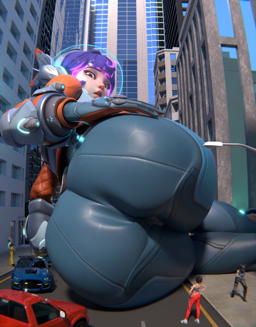 3d 3d_(artwork) ass big_ass big_butt blizzard_entertainment booty bootylicious car city crossover epic_games fortnite fortnite:_battle_royale giant_woman giantess huge_ass huge_butt juno_(overwatch) light-skinned_female light_skin looking_at_viewer looking_back macro micro overwatch overwatch_2 purple_hair