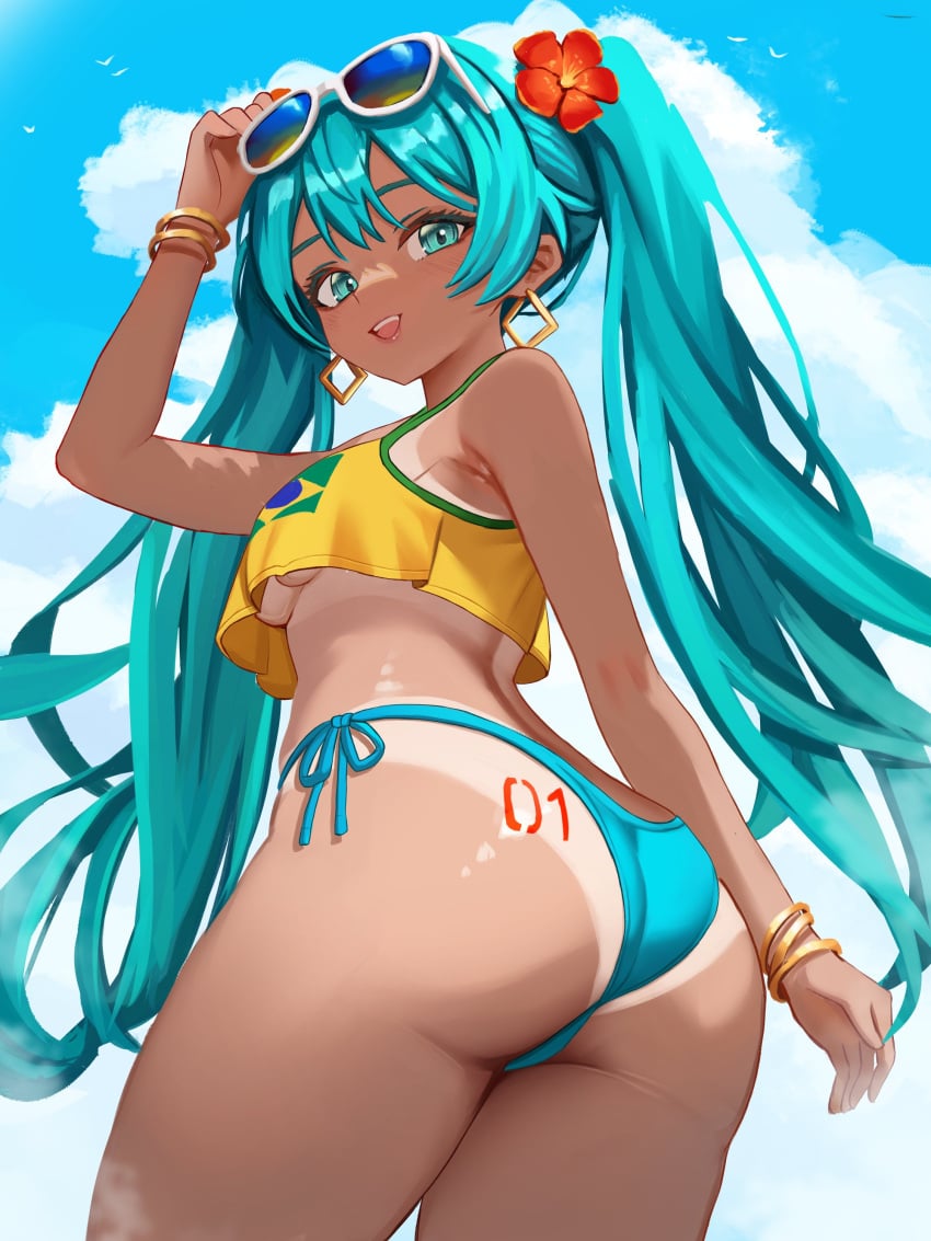 1girls ass big_ass big_thighs bikini brazil brazilian brazilian_female brazilian_miku breasts butt cyan_eyes cyan_hair female female_only hatsune_miku latin_american_hatsune_miku_(meme) long_hair looking_at_viewer shirt small_breasts solo tagme tan tan_body thick_hips thick_thighs thighs twintails vocaloid yan_kodiac yellow_shirt