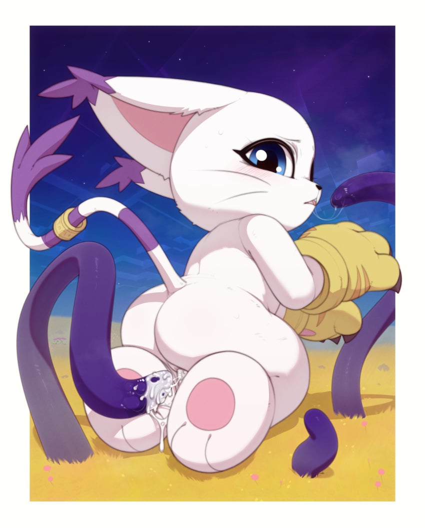 2024 absurd_res anthro ass bandai_namco black_nose blue_eyes bodily_fluids cum digimon digimon_(species) digital_media_(artwork) ear_tuft female gatomon genital_fluids hi_res kekitopu kneeling mostly_nude rear_view solo_focus tail tentacle tuft