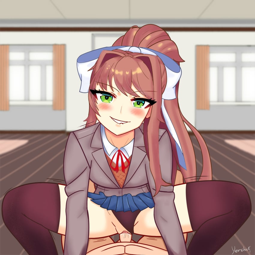 1boy 1girls biting_lip black_panties classroom clothed_sex cowgirl_position doki_doki_literature_club hair_ribbon looking_at_viewer mc_(doki_doki_literature_club!) monika_(doki_doki_literature_club) pov riding self_upload sex squatting_cowgirl_position