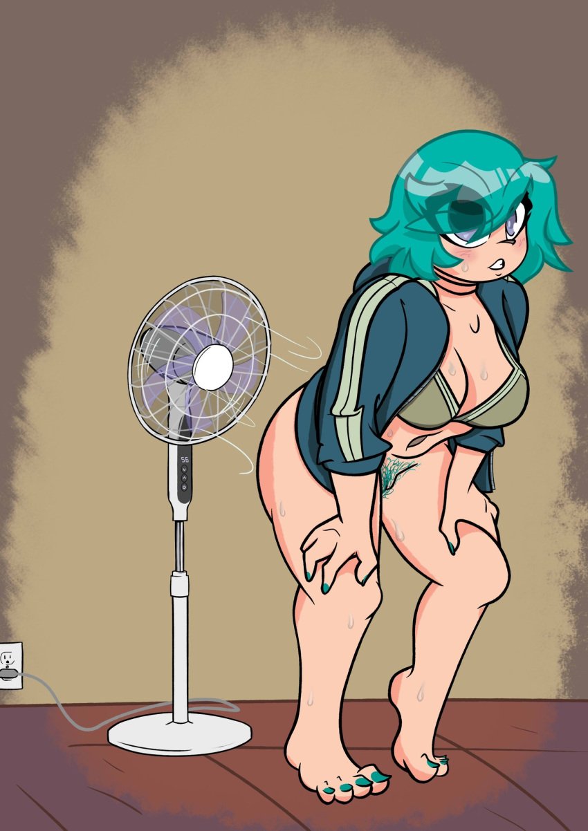 1girls blubbsynsfw blush bra fan female green_bra green_hair green_nails grey_eyes jacket nail_polish open_clothes open_jacket partially_clothed pubic_hair ramona_flowers scott_pilgrim sharp_fingernails short_hair solo solo_female sweat