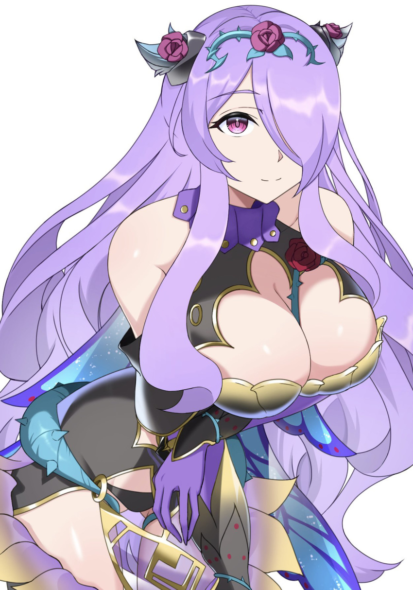 1girls alternate_costume ass_visible_through_thighs bare_thighs black_dress black_horns black_panties breasts camilla_(fire_emblem) camilla_(resplendent)_(fire_emblem) cleavage cleavage_cutout clothing_cutout dress fake_horns female female_only fire_emblem fire_emblem_fates fire_emblem_heroes flower gloves hair_flower hair_ornament hair_over_one_eye highres horns inner_thighs large_breasts lips long_hair looking_at_viewer nintendo official_alternate_costume ondur one_eye_covered panties parted_lips pink_eyes pink_lips plant purple_gloves purple_hair red_flower red_rose rose simple_background solo thighs thorns underwear very_long_hair vines white_background