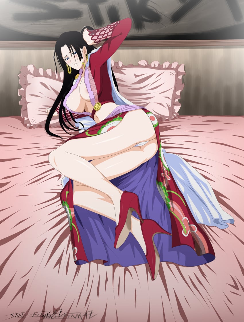 1girls accurate_art_style areolae armpits ass bare_legs bed big_ass big_breasts black_hair blue_eyes blush boa_hancock breasts butt cloak dress earrings female female_only hair heels high_heels huge_breasts large_breasts legs long_hair looking_at_viewer lying nipples on_bed on_side one_piece open_clothes panties shiny shiny_skin solo stiky_finkaz stomach white_panties