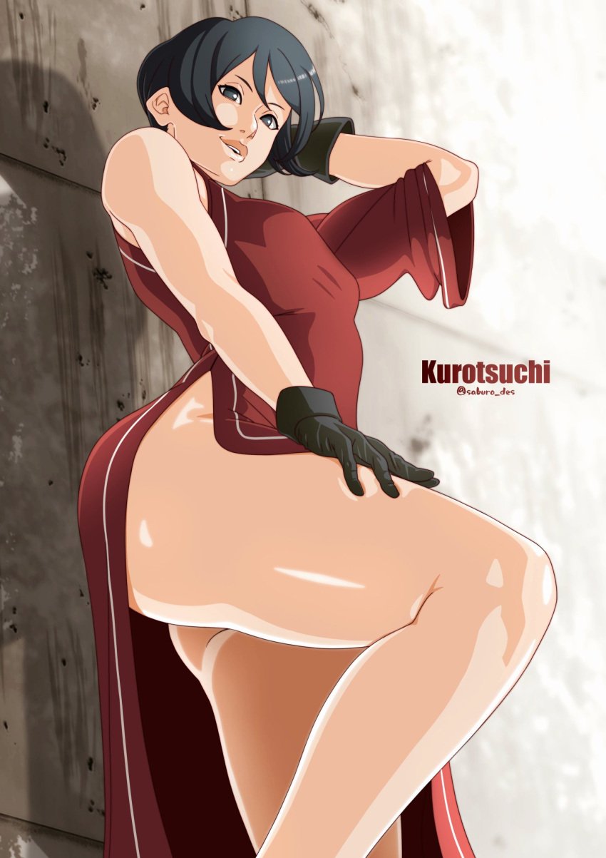 1girls against_wall arm_behind_head ass bare_legs bare_shoulders big_ass big_breasts black_eyes black_hair boruto:_naruto_next_generations bubble_ass bubble_butt character_name china_dress chinese_clothes dress feet female female_only gloves huge_ass japanese_text kurotsuchi long_legs mature mature_female milf naruto naruto_(series) petite raised_leg saburo_des short_hair solo solo_focus standing thick_ass thick_thighs thighs tsuchikage upper_body url voluptuous watermark web_address