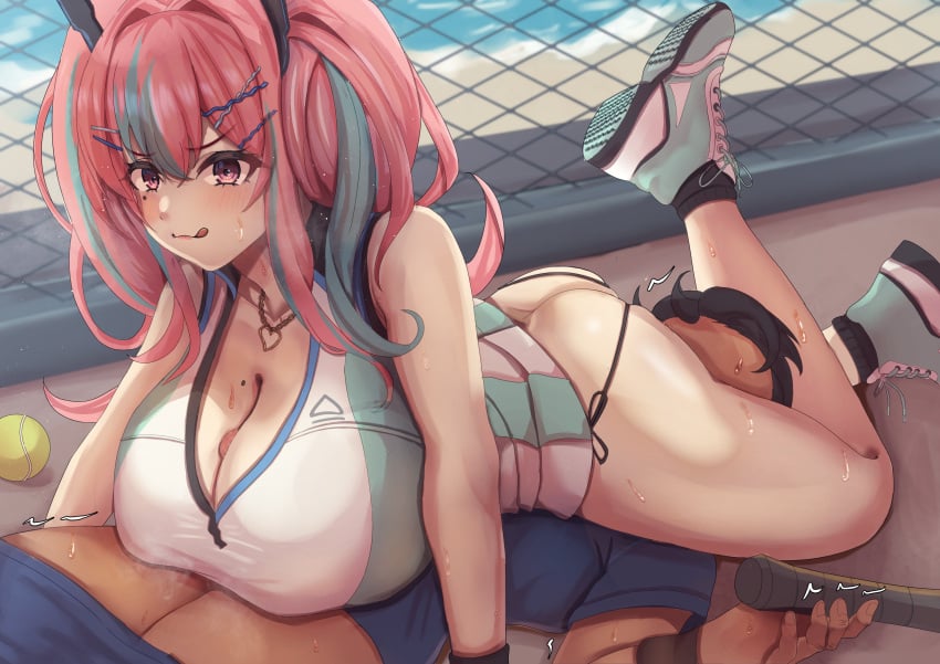 1boy 1girls 69 araimooah ass azur_lane breasts bremerton_(azur_lane) bremerton_(scorching-hot_training)_(azur_lane) cleavage eagle_union_(azur_lane) female femdom head_between_thighs headscissor leg_lock licking_lips light-skinned_female light_skin multicolored_hair paizuri paizuri_under_clothes penis pink_eyes pink_hair sweat tan-skinned_male tan_skin tennis_ball tennis_racket tongue tongue_out trembling