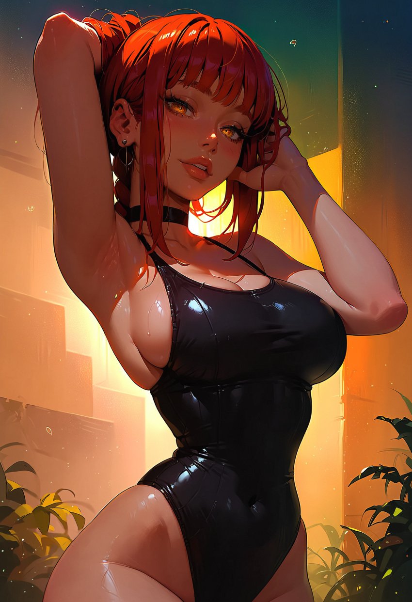 1girls ai_generated black_choker black_mizugi black_swimsuit chainsaw_man choker female female_only full_lips ginger ginger_hair hip_dips makima_(chainsaw_man) mizugi mommy one-piece_swimsuit orange_eyes red_hair skindentation swimsuit tagme unusual_pupils weird_eyes wet wet_body wet_skin wet_swimsuit