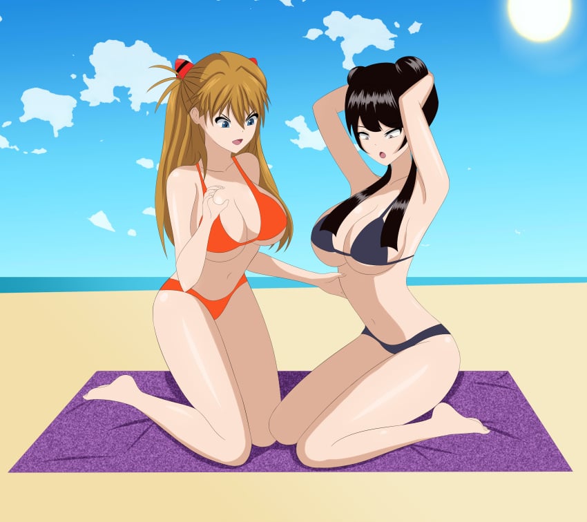 2girls anoneysnufftan applying_sunscreen asuka_langley_sohryu avatar_legends avatar_the_last_airbender beach beach_towel bikini black_hair blue_eyes brown_hair crossover eastern_and_western_character edasbild embarrassed female female_only fire_nation gainax humiliation imminent_death killer_lotion mai_(avatar) massage murder neon_genesis_evangelion nickelodeon ocean peril punishment rubbing sand seaside sky snuff summer sunbathing swimsuit towel