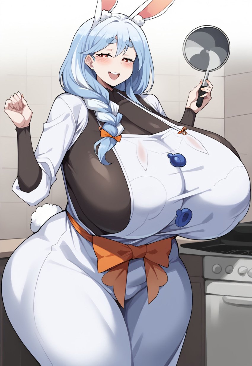 ai_generated apron black_bodysuit black_undershirt blue_hair blush bodysuit cowboy_shot female gigantic_breasts half-closed_eyes hololive hyper_hips kitchen ladle looking_at_viewer mature_female milkersenjoyer nipple_bulge open_mouth orange_bow pekomama rabbit_ears single_braid smile standing thick_eyebrows thick_thighs upper_teeth_only virtual_youtuber waist_bow white_dress white_hair white_pupils wide_hips