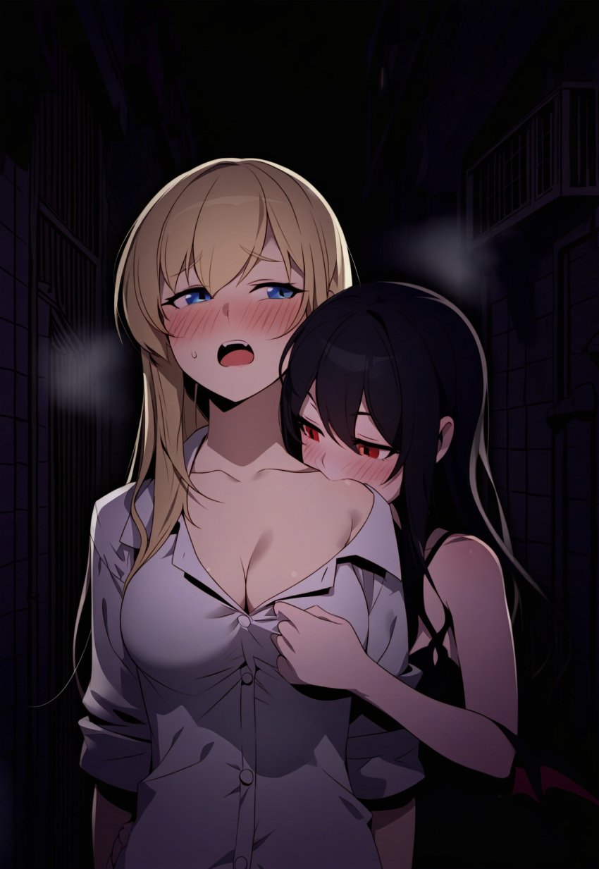 2girls ai_generated alley bare_shoulders bite biting biting_neck black_hair blonde_hair blue_eyes blush breasts cleavage dark_hair eyelashes from_behind grabbing_from_behind long_fingernails looking_at_viewer medium_breasts moaning neck nipple_outline nipples original original_character outdoors outside red_eyes sharp_teeth shiny_skin standing steam sucking undressing vampire vampire_girl white_shirt yeyehuh