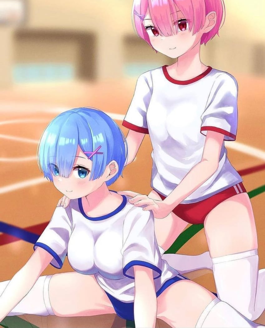 blue_eyes blue_hair pink_eyes pink_hair ram_(re:zero) re:zero_kara_hajimeru_isekai_seikatsu rem_(re:zero) sports_uniform twins