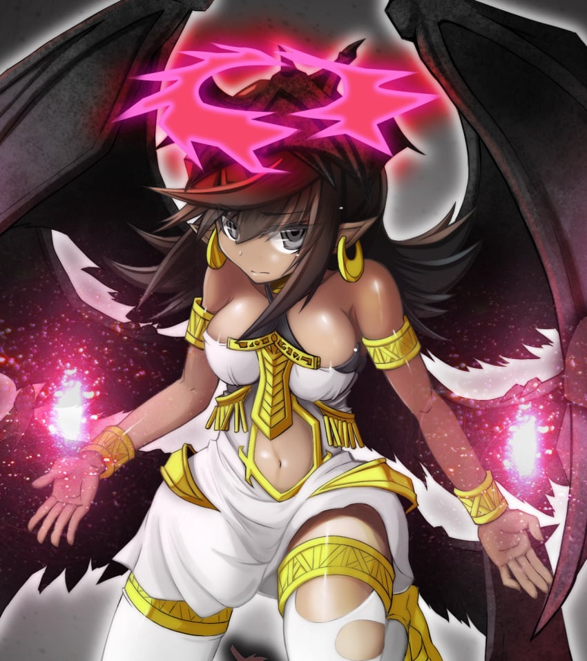 1girls armlet bare_shoulders bracelet breasts choker cute_fang darklord_ixchel demon_girl demon_wings dress duel_monster earrings erect_nipples female full_body halo head_wings highres hoop_earrings jewelry long_hair looking_at_viewer multi_wing multicolored_dress navel open_mouth pointy_ears purple_eyes purple_hair shoes short_dress smile solo stomach thighhighs torn_clothes torn_thighhighs white_background white_legwear wings yellow_shoes yu-gi-oh!