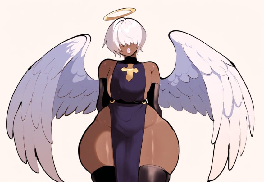 1boy ai_generated alriel angel angel_wings curvaceous curvy dark-skinned_femboy dark-skinned_male dark_skin femboy halo mullon novelai original thick_thighs trap white_hair wide_hips