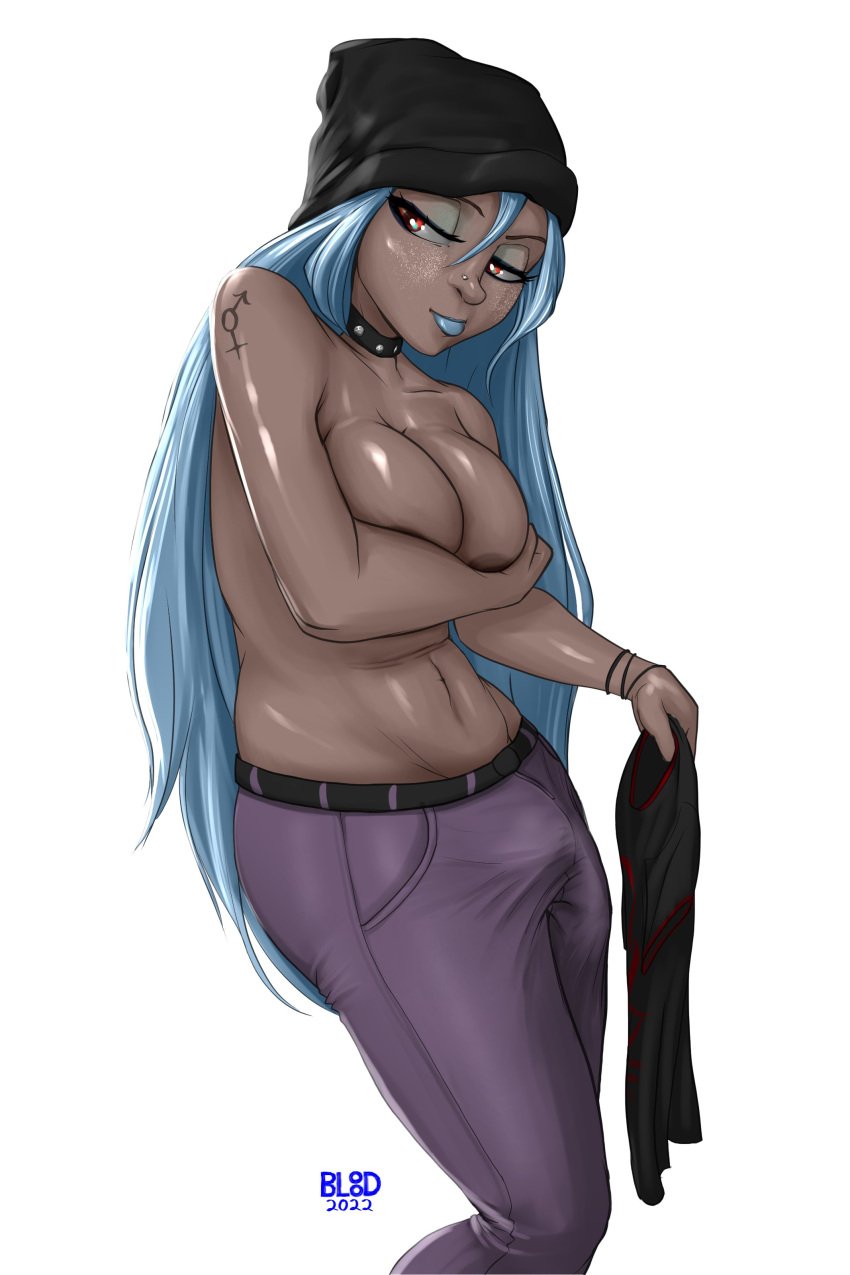 1futa 2022 alternate_version_at_source areola_slip areolae balls big_breasts big_penis blue_hair bluebl8d breasts bulge clothed clothing dark-skinned_female erection futa_only futanari human light-skinned_futanari light_skin long_hair more_at_source nipples partially_clothed penis penis_under_clothes red_eyes solo standing steam steamy_penis tattoo topless