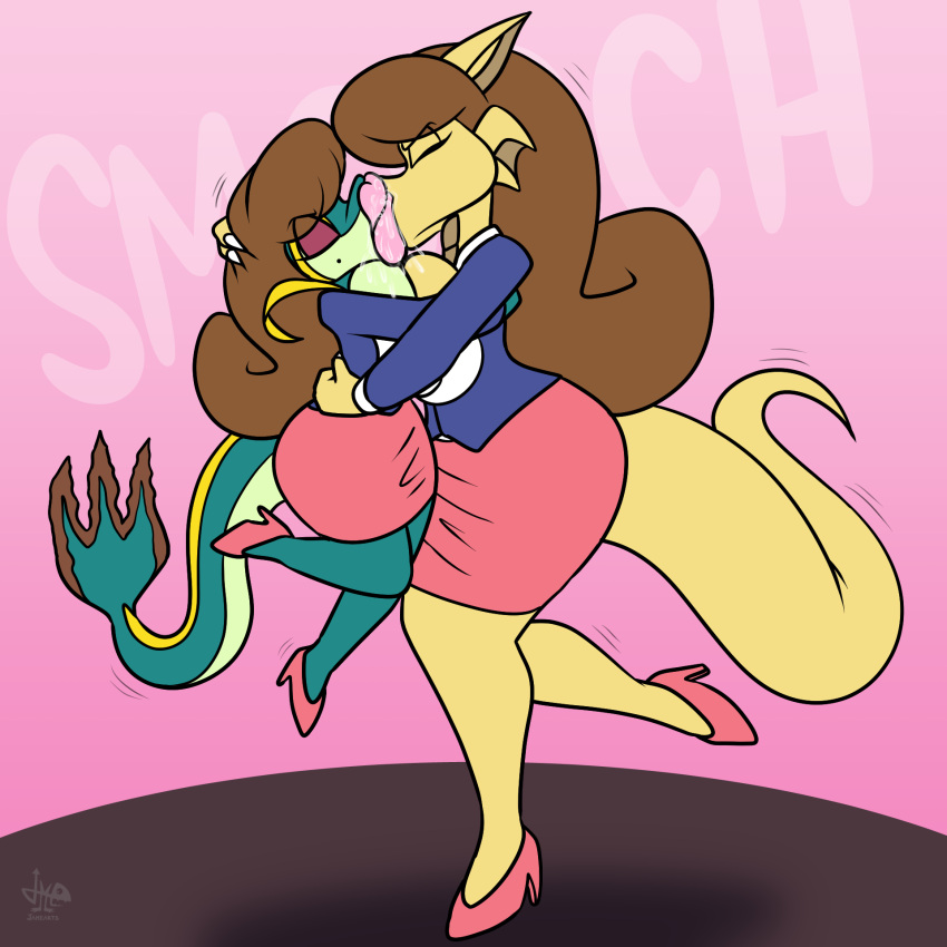 2girls aggressive_female aggressive_kissing anthro arms_tied_behind_back beatrice_(k_lambda-9) beauty_mark breast_squeeze brown_hair clothing dragon dragon_girl eyeshadow female_only hands_behind_back heels jamearts kissing lesbian_kiss lipstick makeout mole mwah pink_skirt pokemon pokemon_girl rebecca_(jamearts) saliva same_clothing scalie shortstack simple_background size_difference skirt smooch spit tail taller_girl teacher teacher_outfit three_tone_body yellow_body yuri