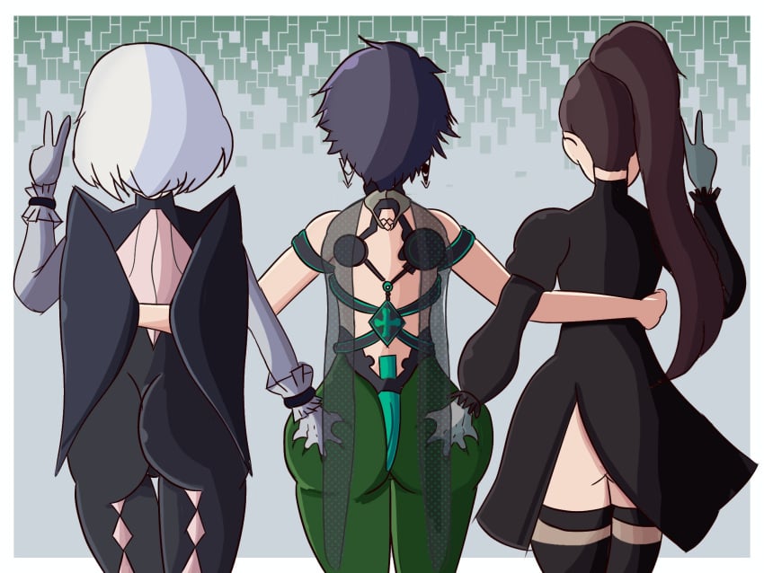 3girls ass ass_grab bayonetta bayonetta_(character) bayonetta_2 big_ass black_hair bodysuit bubble_butt costume_switch crossover double_ass_grab eve_(stellar_blade) female female_only green_bodysuit huge_ass large_ass long_hair looking_back multiple_girls nier nier:_automata nier_(series) outfit_swap ponytail short_hair stellar_blade swapperj333 thick_thighs white_hair yorha_2b yuri