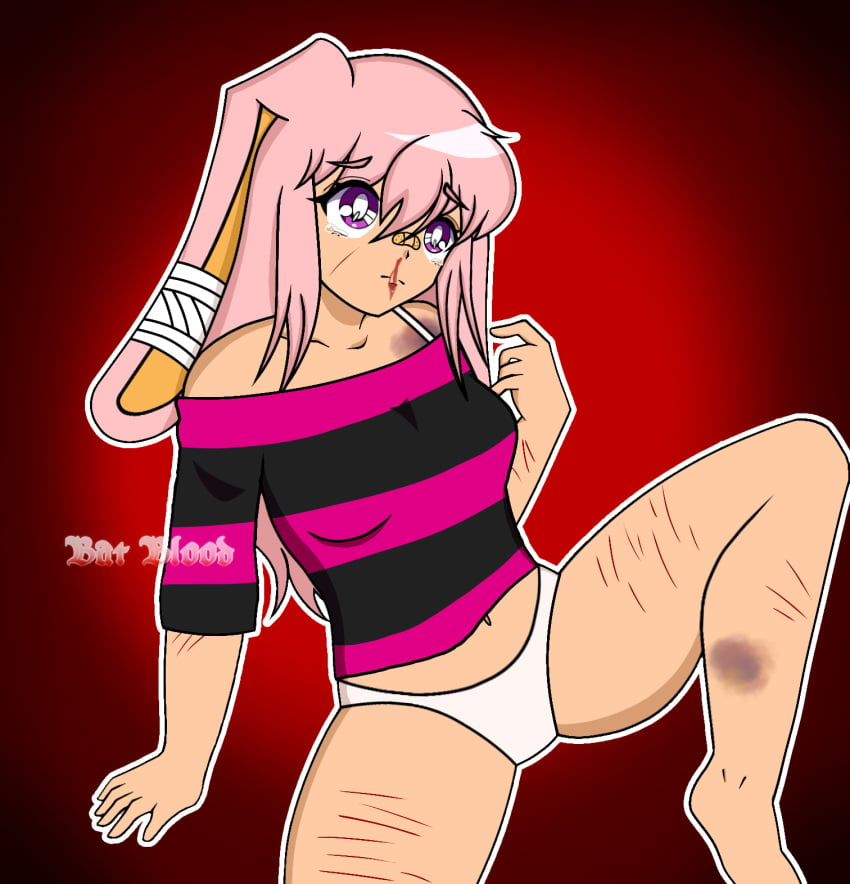 2000s 2000s_and_2010s_style anime apart bandages bat_blood body bra bruised bruises bunny digital_media_(artwork) ear eyes female girl hair legs long long_sleeve_shirt nosebleed on panties pink pretty_blood purple rina_pompom_(pretty_blood) scars spread strap style tear tearing_up