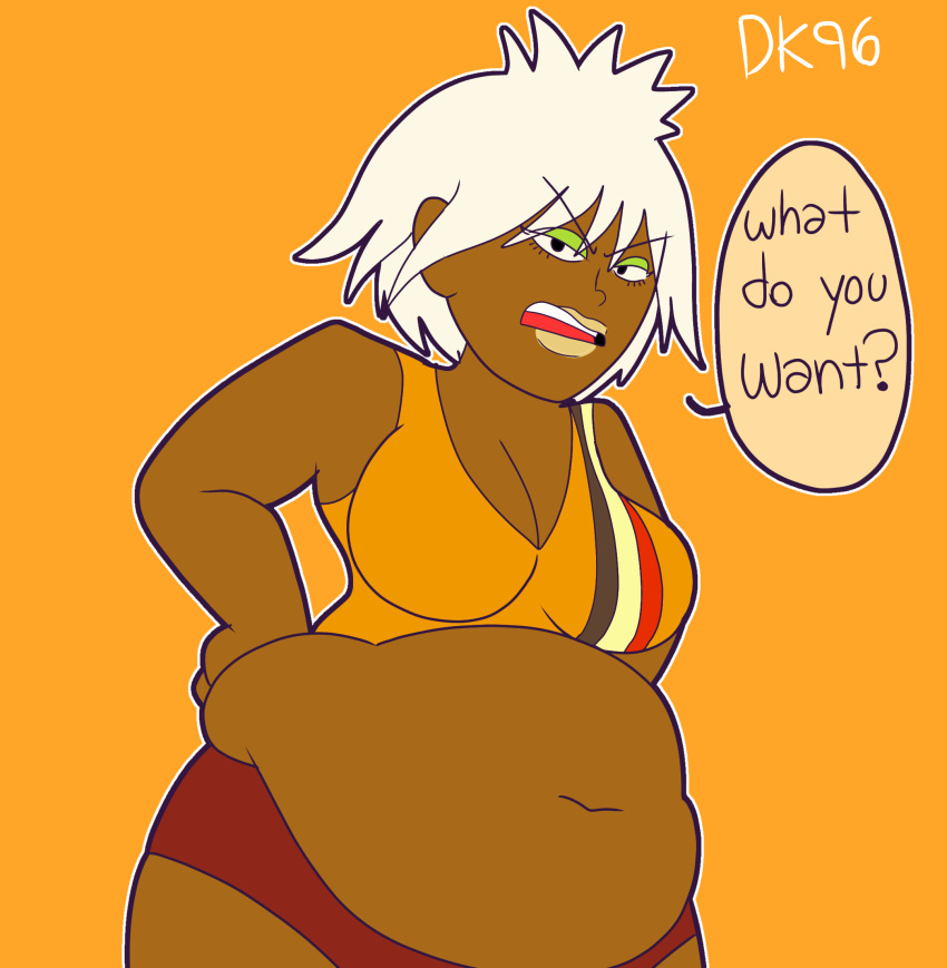 ballmastrz:_9009 belly big_belly big_breasts chubby chubby_belly chubby_female clevage daisykitty96 dark-skinned_female dark_skin dialogue female gaz_digzy looking_at_viewer speech_bubble staring_at_viewer