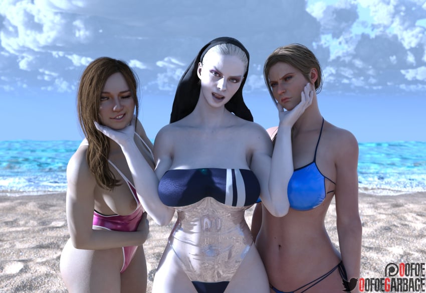 3d 3d_(artwork) 3girls annette_birkin bathing_suit beach bikini gris_swimsuit mature_female mia_winters milf mother_miranda_(resident_evil) nip_slip nipple_slip oofoe resident_evil resident_evil_2 resident_evil_2_remake resident_evil_7 resident_evil_8:_village swimsuit