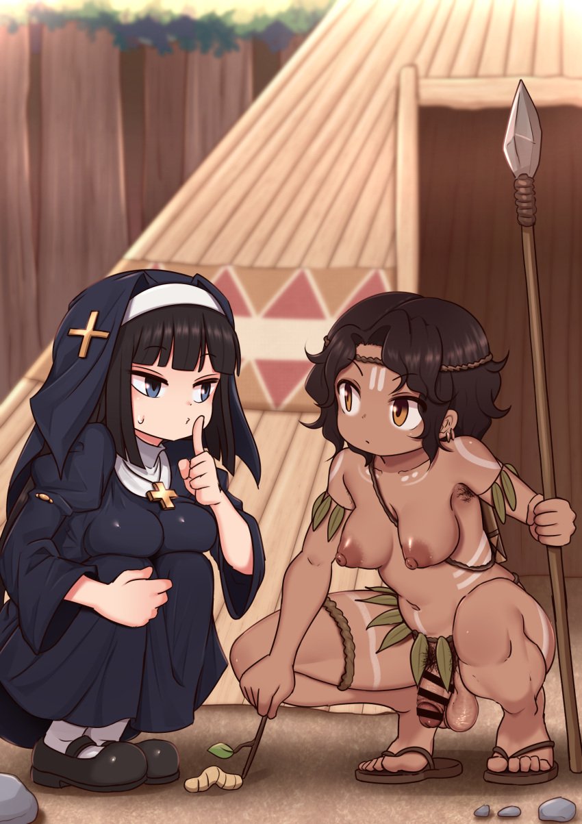 1futa 1girls armpit_hair bar_censor black_hair blue_eyes bodypaint breasts brown_eyes bug censored dark-skinned_female dark-skinned_futanari dark_skin duo female female_pubic_hair flaccid futanari highres holding holding_polearm holding_weapon human hut lemon_snail light-skinned_female light_skin long_hair mary_janes medium_breasts multiple_girls navel nipples nun original paid_reward_available penis polearm pubic_hair sandals shoes short_hair socks spear spread_legs squatting sweatdrop testicles tiptoes tribal veil weapon white_socks