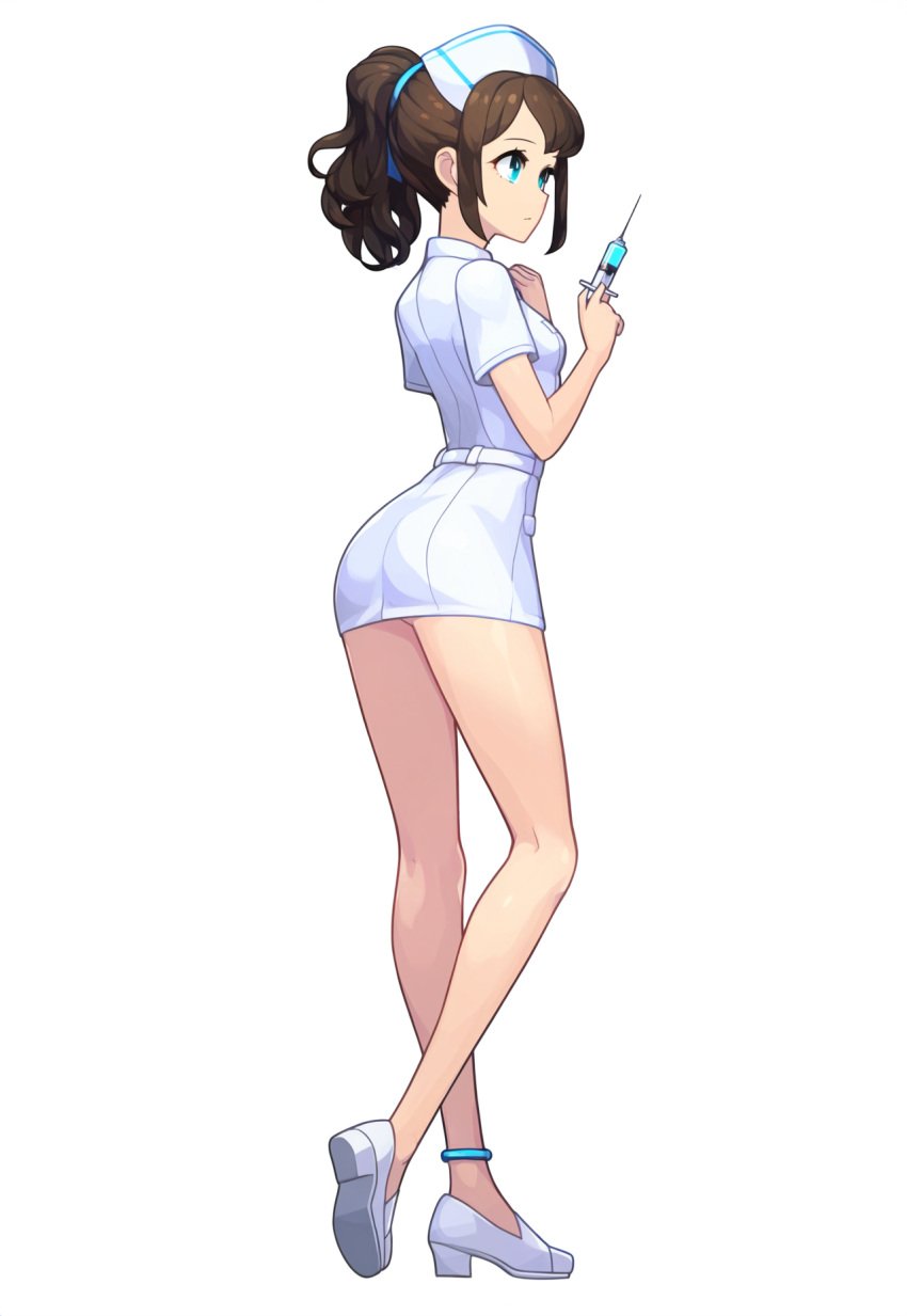 1girls ai_generated anklet arms_together ass ass_focus back_view bare_legs blush breasts brown_hair full_body high_heels hospital legs long_hair long_legs looking_away miniskirt nurse nurse_cap nurse_uniform original original_character ponytail profile shiny_skin small_breasts standing thick_thighs thighs uniform white_background yeyehuh