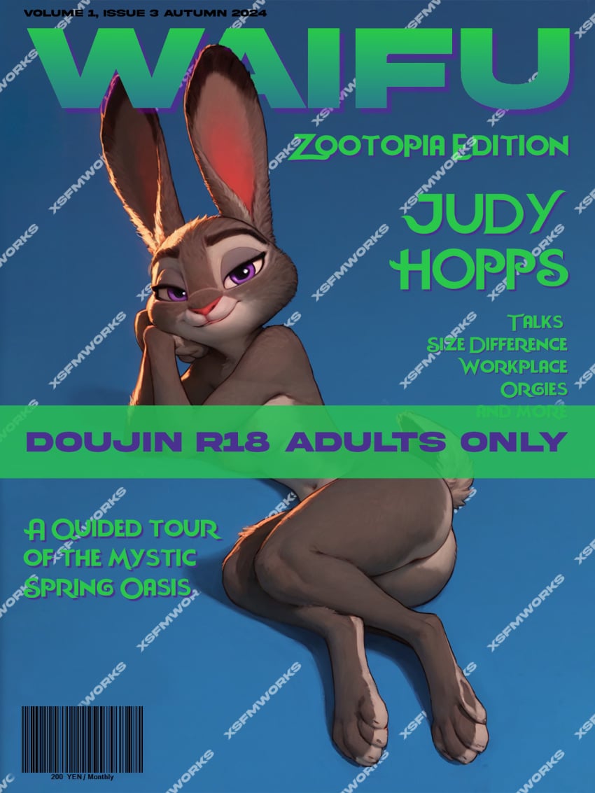 :3 ai_generated animal animal_ears anus ass background barcode barefoot blue blush body_fur breasts brown_fur bunny character chromatic_aberration closed_mouth completely_nude copyright cover ear english_text eyebrows eyelashes eyes feet female full_body fur furry happy head_rest judy_hopps legs looking lying magazine_cover nose nude on_side parody purple pussy rabbit rabbit_girl simple_background sitting smile snout solo tail thick thighs toes viewer watermark xsfmworks zootopia