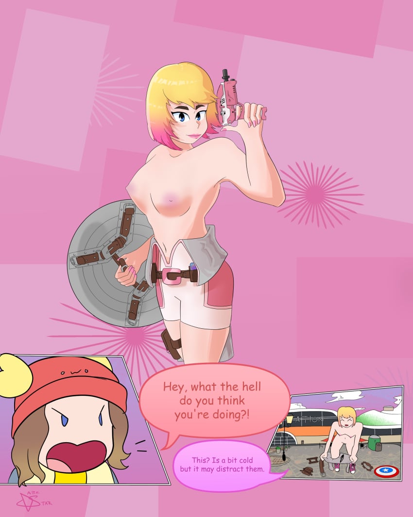 2girls blonde_hair blue_eyes breasts breasts_out brown_hair captain_america's_shield comic crossover dark_star_odyssey dyed_hair english english_text female female_only fortnite fortnite:_battle_royale gun gwen_poole gwendolyn_poole gwenpool holding_gun light_skin lipstick looking_at_viewer marvel marvel_comics nipples nude outdoor_nudity outdoors pink_background pink_lipstick pink_nails pink_nipples public public_nudity reckless_rails red_headwear shameless short_hair skye_(fortnite) solo submachine_gun superhero_costume superheroine talking talking_to_another text text_bubble thick_eyebrows topless two_tone_hair undressing undressing_between_scenes undressing_self vignette watermark