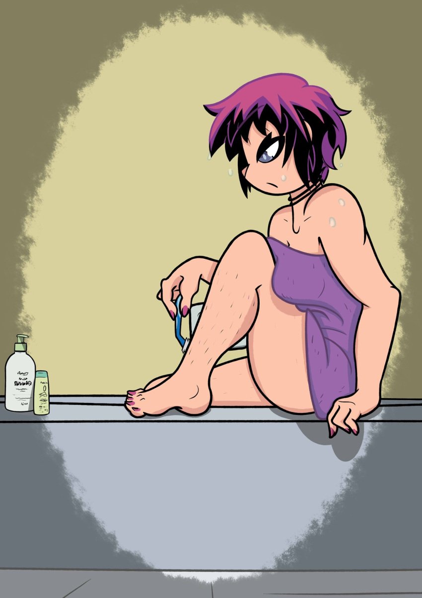 1girls bath bathroom bathtub blubbsynsfw choker female grey_eyes hairy_legs holding_object nail_polish nude nude_female pink_hair pink_nails ramona_flowers razor scott_pilgrim sharp_fingernails shaving short_hair solo solo_female towel towel_only wet wet_body wet_hair