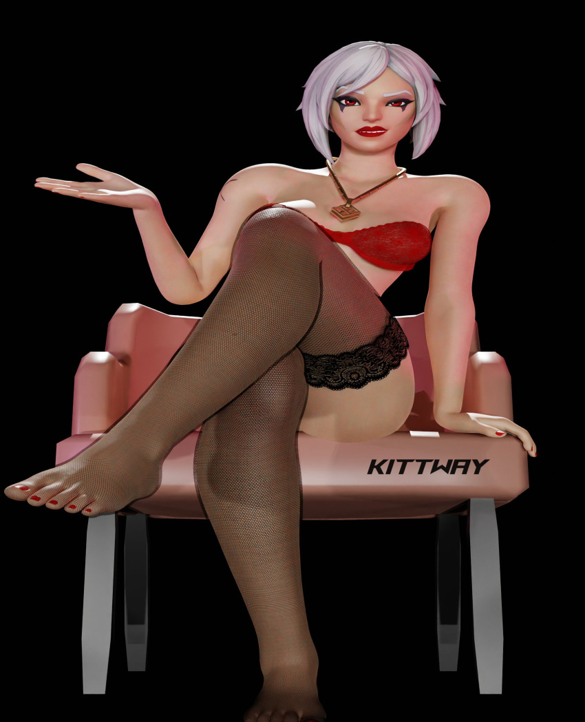 biting_lip bottomless bottomless_male bra clothed clothed_female clothing feet feet_up female female_only fishnet fishnet_stockings fishnets fortnite hand_out hush_(fortnite) kitway looking_at_viewer necklace no_panties partially_clothed partially_clothed_female shiny shiny_skin sitting sitting_on_chair solo solo_female