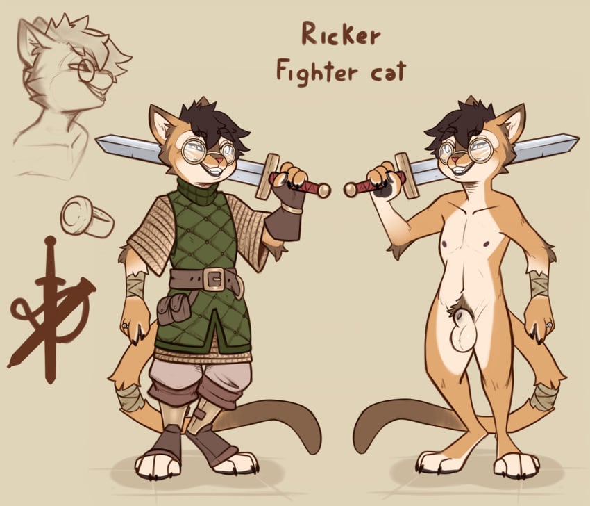 anthro armor atane27 balls black_paws clothed clothing domestic_cat eyewear felid feline felis genitals glasses male mammal melee_weapon penis pubes ricker_(atane27) ring solo solo_male sword tail weapon