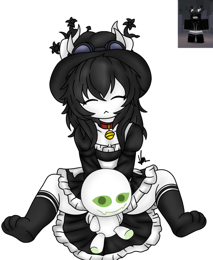 1girls artist_request closed_eyes clothed collar fedora female goggles_on_head maid_uniform open_legs original_character plushie rob_(slap_battles) roblox roblox_game robloxian safe sitting slap_battles source_request tagme